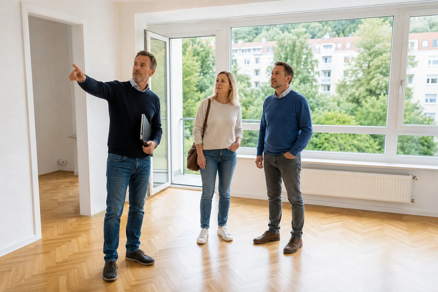 Kaufinteressenten besichtigen mit einem Ansprechpartner eine helle Stadtwohnung mit Blick in einen begrünten Innenhof