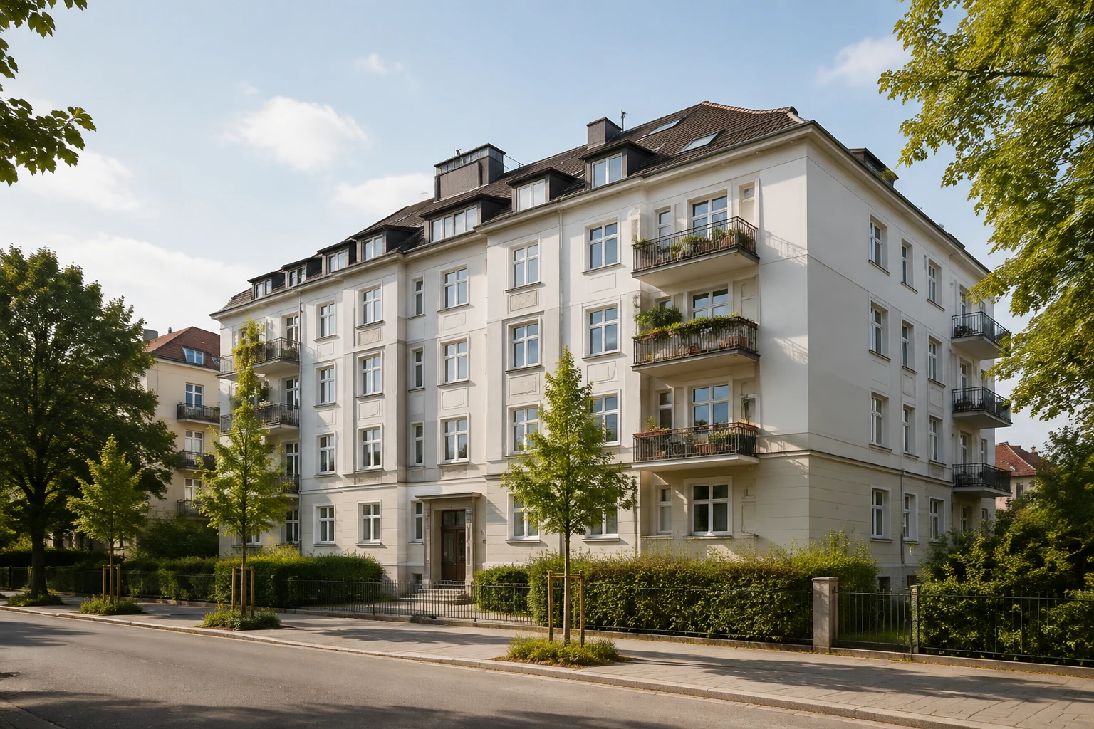 Gepflegtes städtisches Wohnhaus mit heller Fassade, Balkonen und begrüntem Straßenraum